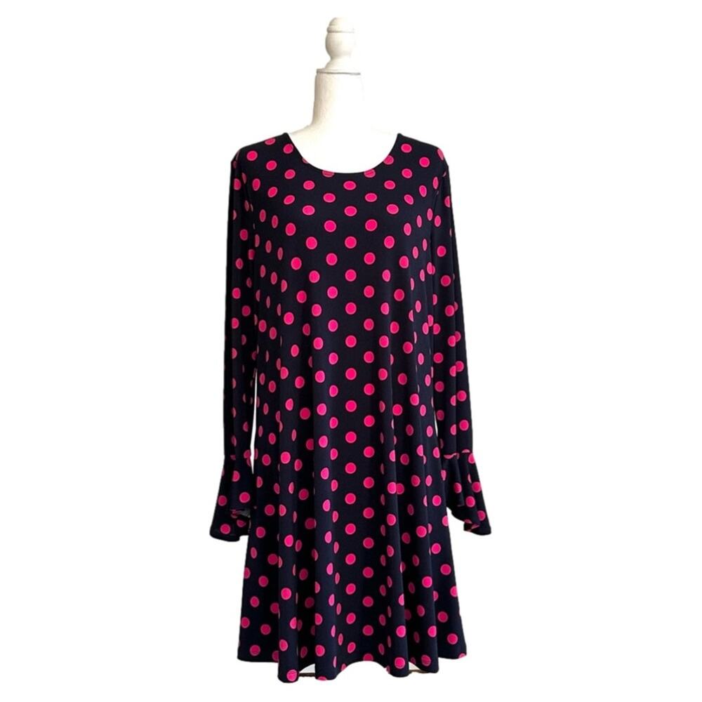 Est. 1946 Dress Dark Blue Pink Polka Dots Long Bell Sleeves Swing Large NEW